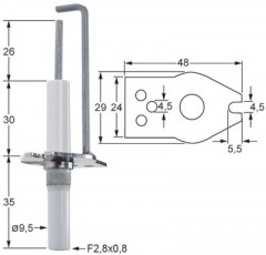Электрод зажигания Д1  26мм с фланцем присоединение F 2,8x0,8 мм Д1 ø 95мм