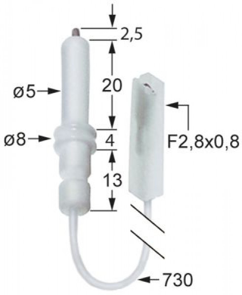 Электрод зажигания Д1  25мм присоединение F 2,8x0,8 мм длина провода 730мм
