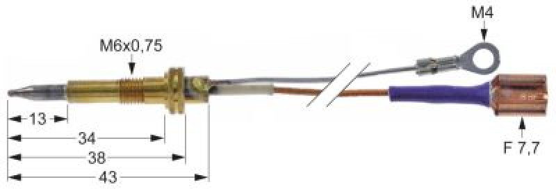Термоэлемент Д 600мм M6x0,75 с двумя проводами M4 F 7,7 мм