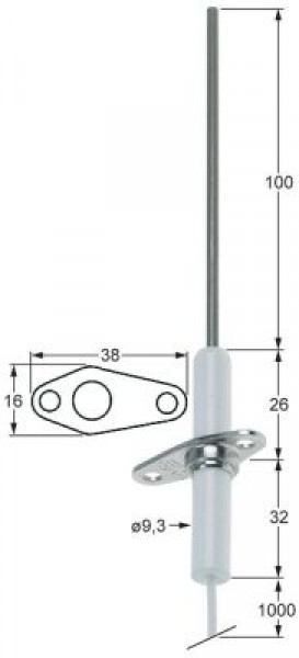 Электрод зажигания Д1  100мм длина провода 1000мм Д1 ø 93мм длина фланца 38мм ширина фланца 16мм