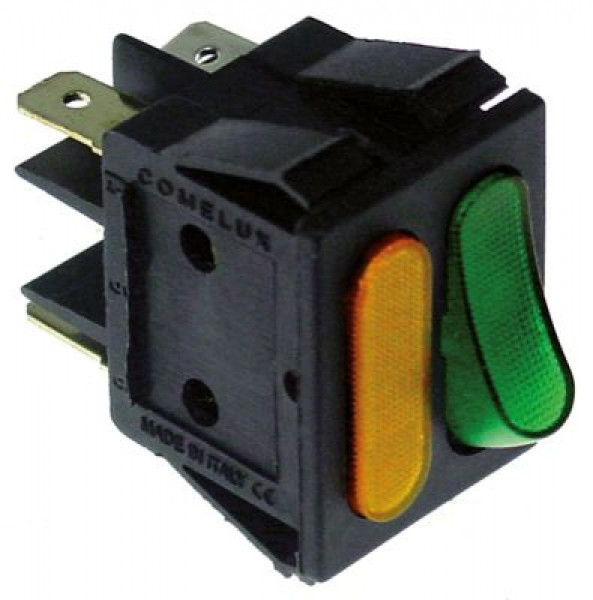 Выключатель балансирный монтажные размеры 30x22 мм оранжев./зелён. 1CO/лампа 250В