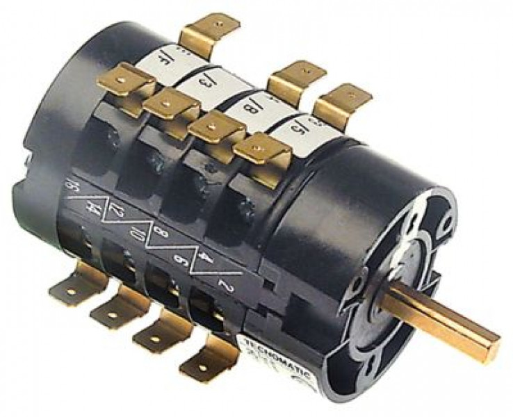 Выключатель поворотный 16А ø ось 5x5мм длина оси 23мм присоединение плоский штекер 6,3 мм