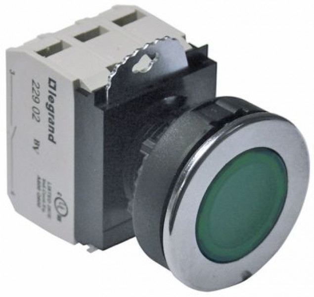 Выключатель кнопочный монтажные размеры ø30 мм зелён. 2NO/лампа  230В