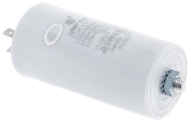 Конденсатор рабочий 400В пластмасса M8 присоединение плоский штекер 6,3 мм ø 45мм Д 95мм