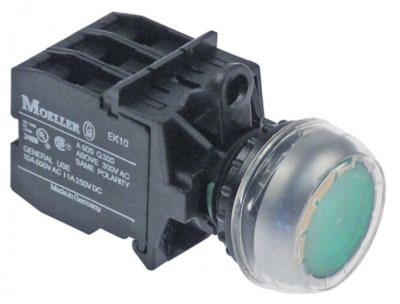 Выключатель нажимной кнопочный зелён. 2NO нажим. - с подсветкой, 80-264 В защитный колпачок