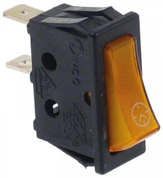 Выключатель балансирный монтажные размеры 30x11 мм жёлт. 1NO 250В присоединение плоский штекер 6,3 мм