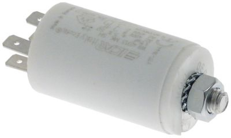 Конденсатор рабочий 450В пластмасса M8 присоединение плоский штекер 6,3 мм ø 30мм Д 52мм