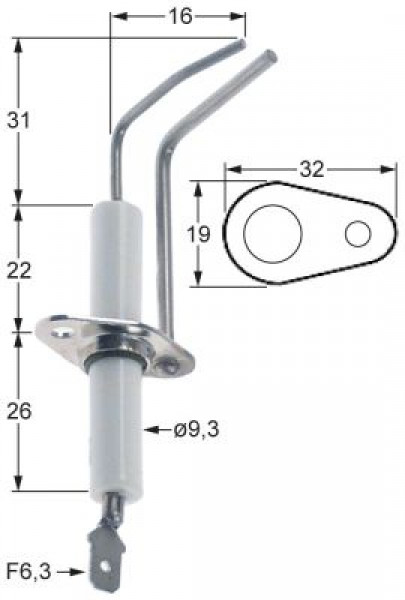 Электрод зажигания Д1  31мм Д2 16мм присоединение F6,3 Д1 ø 93мм длина фланца 32мм