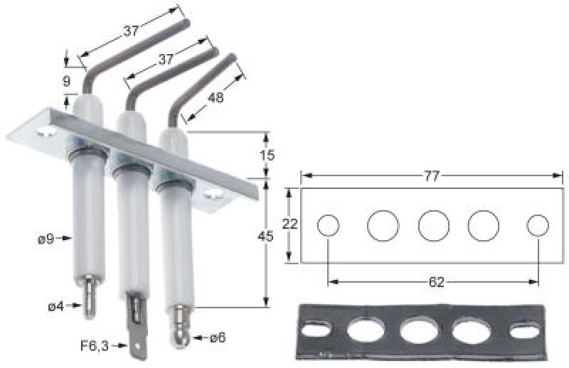 Электрод зажигания Д1 9мм Д2 37/37/48мм присоединение ø4/6 мм/плоский штекер 6,3 мм