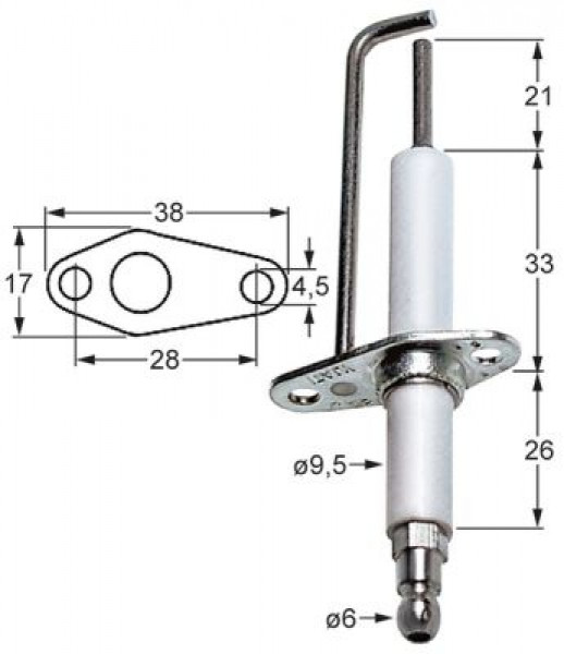 Электрод зажигания Д1  21мм с фланцем Д1 ø 95мм длина фланца 38мм ширина фланца 17мм