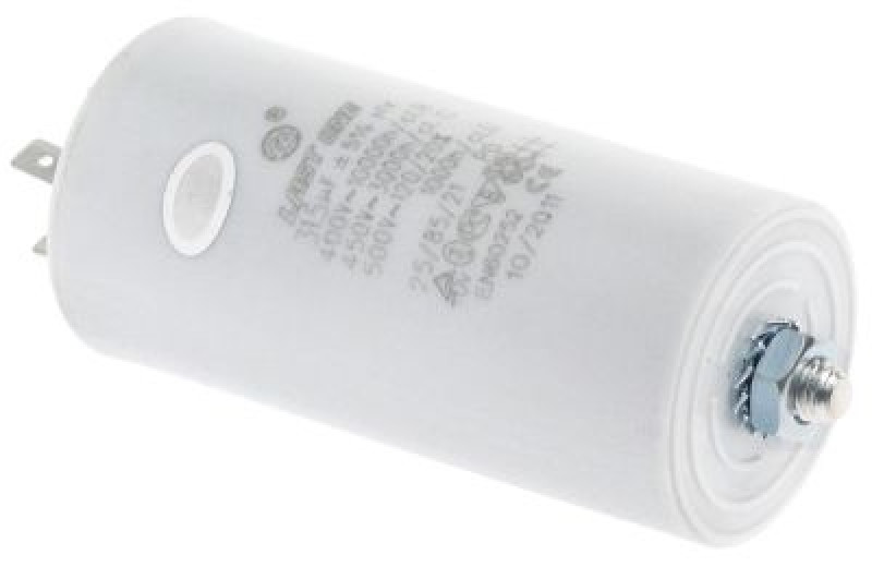 Конденсатор рабочий 400В пластмасса M8 присоединение плоский штекер 6,3 мм ø 45мм Д 95мм