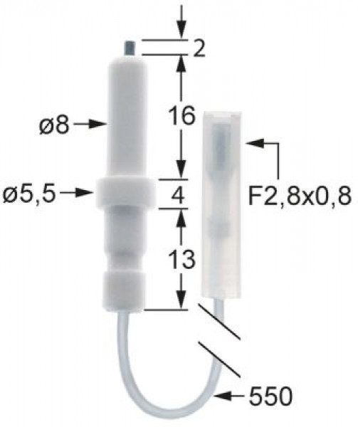 Электрод зажигания Д1  2мм присоединение F 2,8x0,8 мм длина провода 550мм