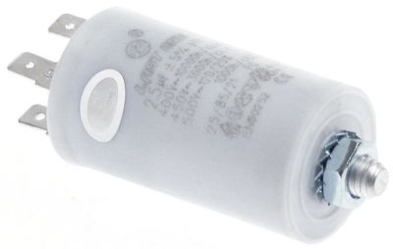 Конденсатор рабочий 25мкФ 400В пластмасса M8 присоединение плоский штекер 6,3 мм ø 365мм Д 70мм