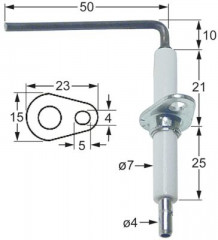 Электрод зажигания Д1  10мм Д2 50мм с фланцем Д1 ø 7мм длина фланца 23мм ширина фланца 15мм