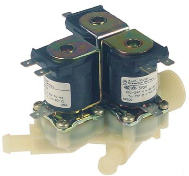 Клапан электромагнитный тройн. прямой пластмасса темп. макс. 90°C вход 3/4" 230 В перем. тока