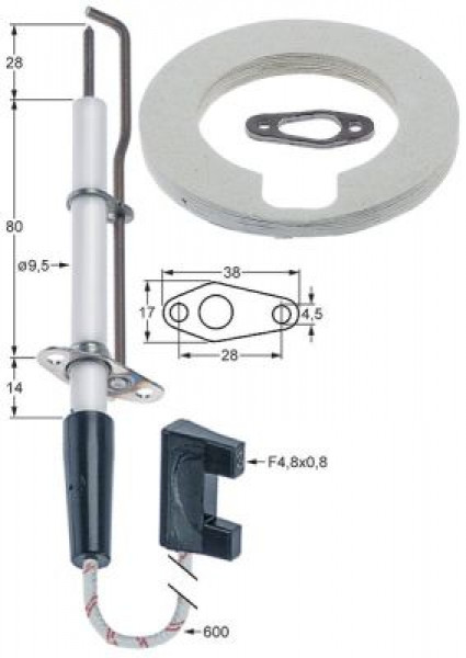 Электрод зажигания Д1  28мм с фланцем присоединение F 4,8x0,8 мм длина провода 600мм