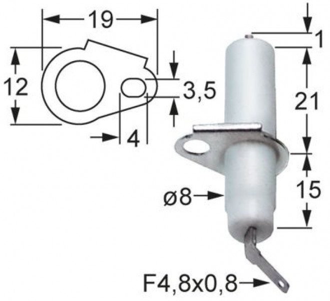 Электрод зажигания Д1 1мм с фланцем присоединение F 4,8x0,8 мм Д1 ø 8мм