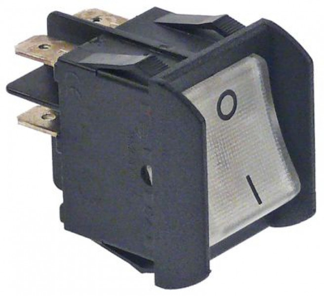 Выключатель балансирный монтажные размеры 28x22 мм бел. 2NO 250В присоединение плоский штекер 6,3 мм