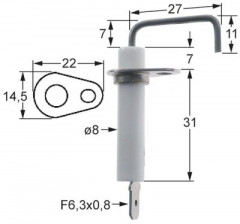 Электрод зажигания Д1 30мм Д2 7мм фланец присоединение плоский штекер 6,3 мм Д1 ø 8мм