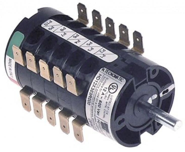 Выключатель поворотный 12А ø ось 6мм длина оси 22мм присоединение плоский штекер 6,3 мм