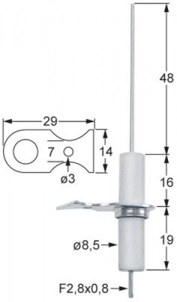 Электрод зажигания Д1  48мм присоединение F2,8x0,8 Д1 ø 8мм длина фланца 29мм ДК 1 16мм ДК 2 19мм